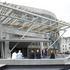 The main entrance to the Parliament building, with a wooden overhanging canopy