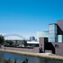 View of The Brindley with the arched Runcorn road bridge in the background