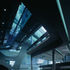 Blue lighting adds a touch of drama in the monochrome spaces.
