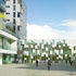 Balconies overlook an elevated open space