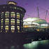 Tented amenity building at night