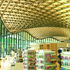 Interview view of the wooden gridshell ceiling and glass windows