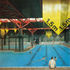 Pool with signs on acoustic absorbers