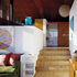 Looking from the living room to the kitchen and dining area past the study cube