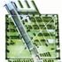 Plan; an emphatic geometry, including the broad diagonal of the green dock and narrower diagonal path that crosses it.