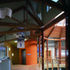 View from interior: Timber columns provide support to the larch timber roof trusses