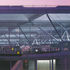 North elevation of terminal showing curtain wall at dusk