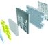 Exploded building elements: (left to right) glazed atrium screen, pods, public concourse, spine, court/office fingers, environmental brief 