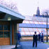 Canopied entrance to café to left, with changing-room block beyond 