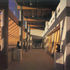 Low winter sunlight casts deep shadows in the sloping clerestory restaurant and the connecting passageway above