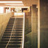The split-level entrance hall of the Institute of Education. On the left is the entrance from the forecourt. The stairs lead down to the Great Hall