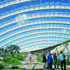 the glass envelope, supported on a tilted ring-beam, creates a good solar collector.  The building is billed as the largest single-span greenhouse in the world