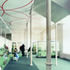 The pattern on the underside of the mezzanine floor creates visual relationships with the structural forms