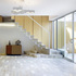 Wall-hung steel stairs lead to the upper workspace