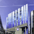 The new building is a pixelated patchwork of blues