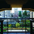 Covered walkways offer framed views of the surrounding buildings