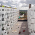 Balconies overlook an elevated open space