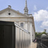 Kiosk with peened stainless steel cladding looking towards the Church of St Martin-in-the-Fields