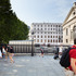Looking towards the kiosk and its peened stainless steel scalloped cladding