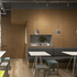 View of mezzanine seating area above and metal grid bar