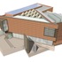 The terracotta facade is arranged as horizontal courses with a bronzed aluminium strip every three layers
