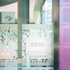 Etched-glass sliding doors open on to the café