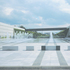 Fountains on the piazza at the entrance to the park and green dock